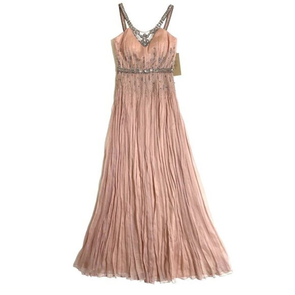 Mignon Powder Pink 100% Silk Grecian Beaded Rhinestone Crystal Dress SZ 2 NWT